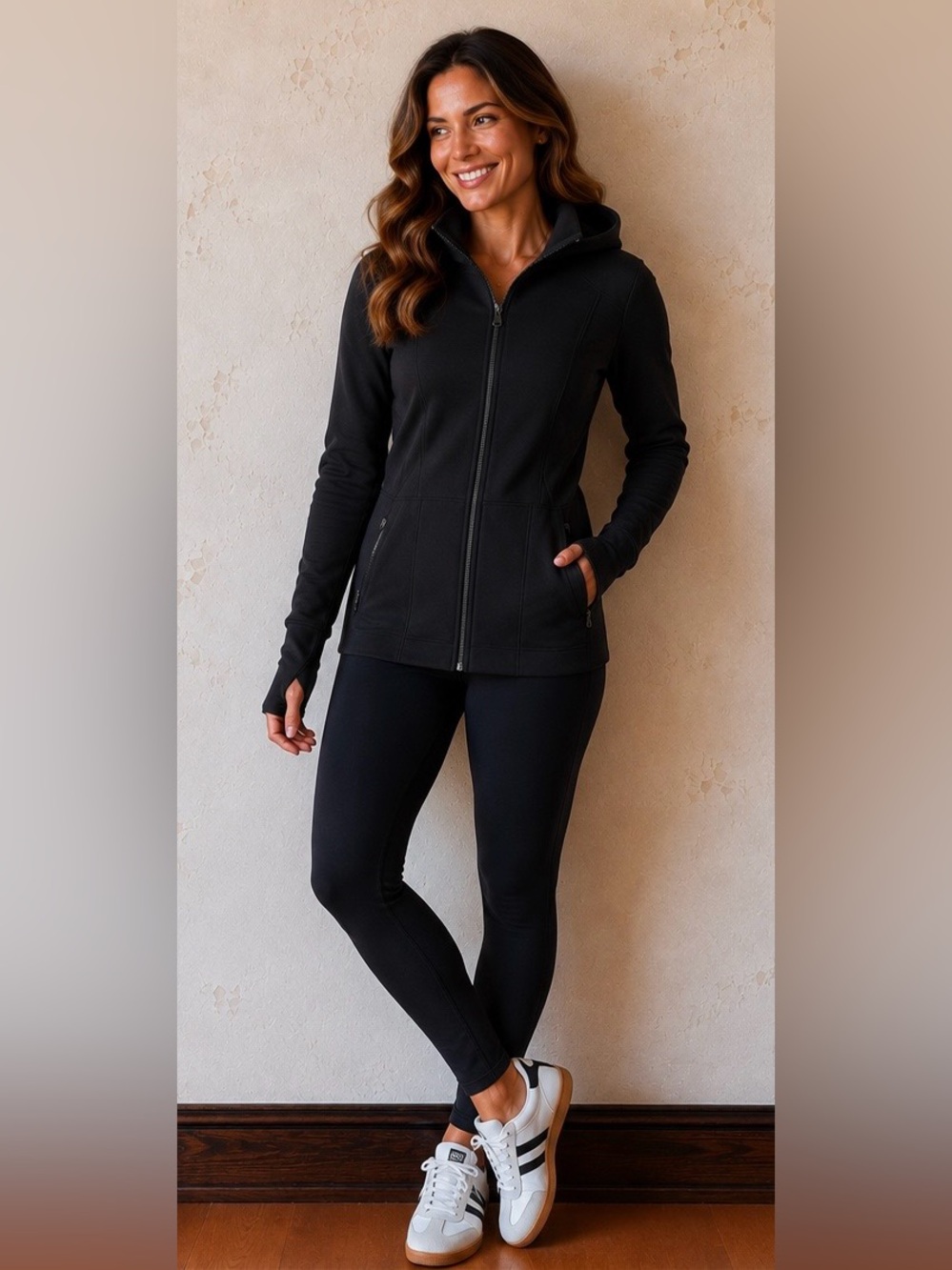 Athleta Black Slim Fit Full Zip Hoodie Sweatshirt with Thumbholes – Women’s M